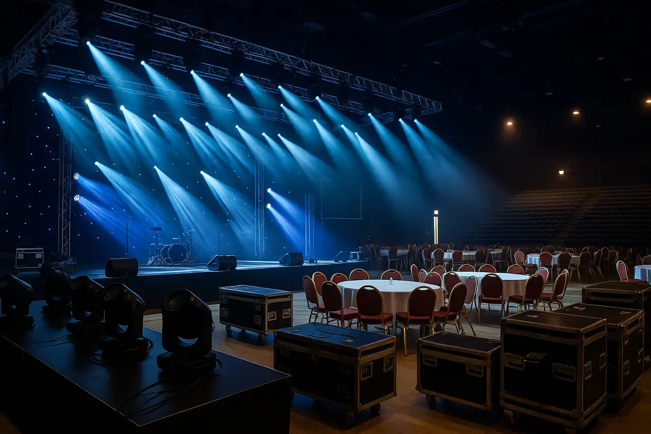 Professionelle Eventausstattung mit Beleuchtung und Dekoration