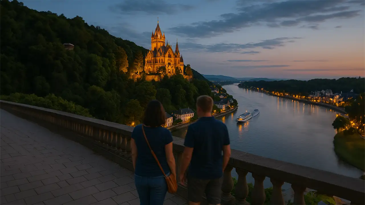 Romantische Ansicht von Königswinter mit dem Siebengebirge im Hintergrund