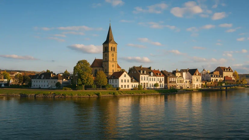 Idyllische Ansicht von Niederkassel am Rhein mit grüner Landschaft